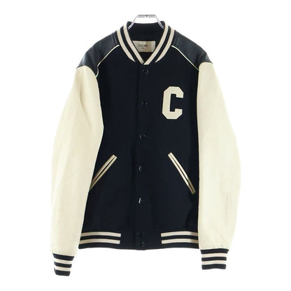 Celine Leather Trim Classic Teddy Jacket Wool Star Jean Black White