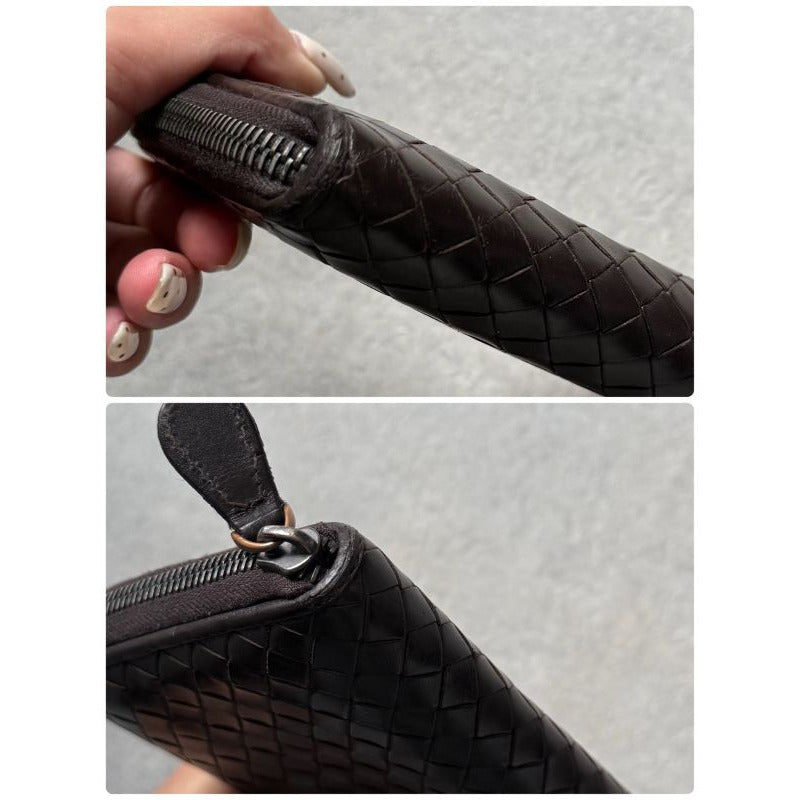 Bottega Veneta Round Zipper Long Wallet Intrecciato Calf Leather Dark Brown Men — view 8