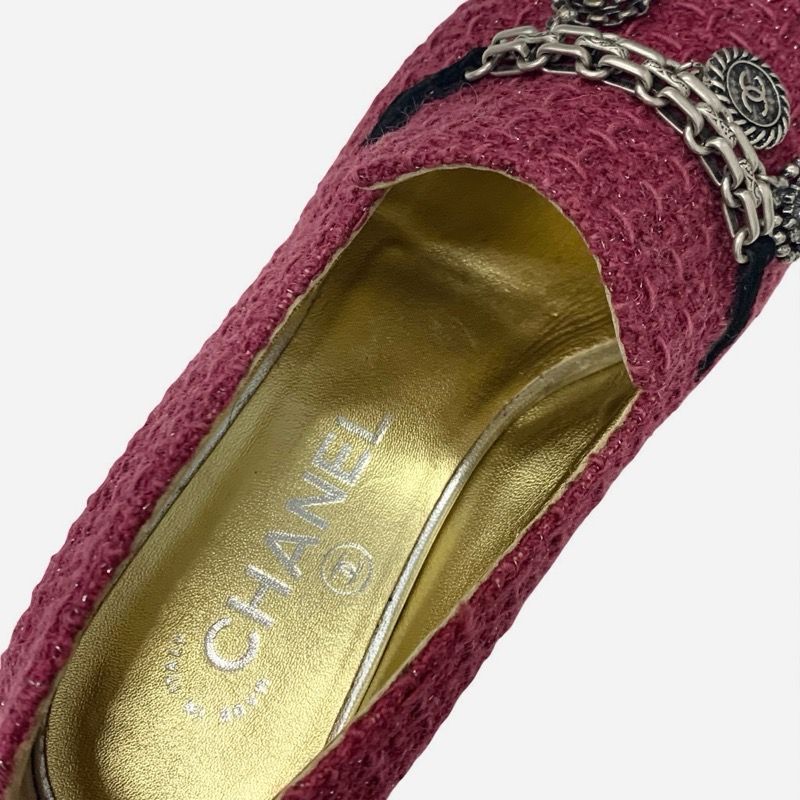 Chanel Flat Shoes Tweed Suede Pink Black Here Mark Chain Charm Opera Shoes