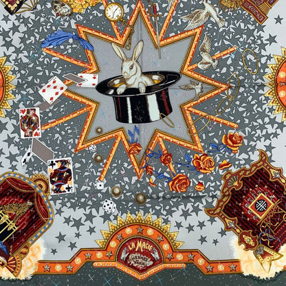 Hermes Carre 90 LA Magie Magic Rabbit Magic Tricks Pigeons Clowns Silk Scarf