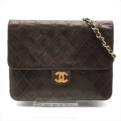 Chanel CC Logo Quilted Lambskin Chain Shoulder Bag Push Lock Brown