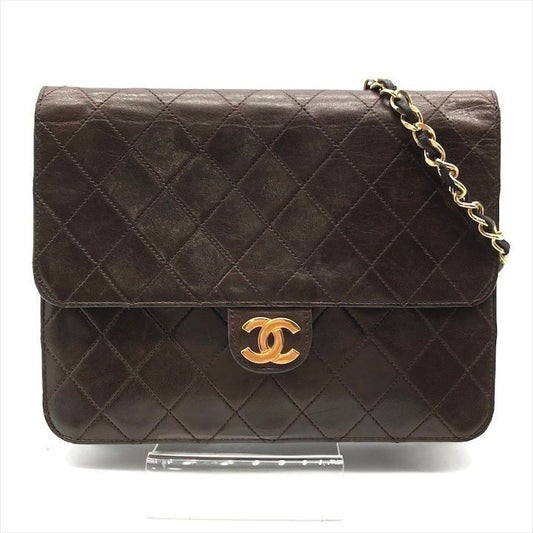 Chanel CC Logo Quilted Lambskin Chain Shoulder Bag Push Lock Brown
