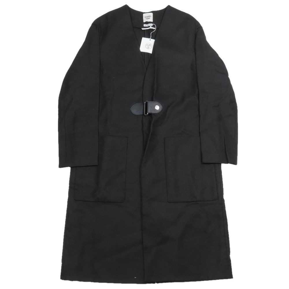 Hermes Linen Colorless Coat Jacket Long Series Button Leather Belt 38 Black