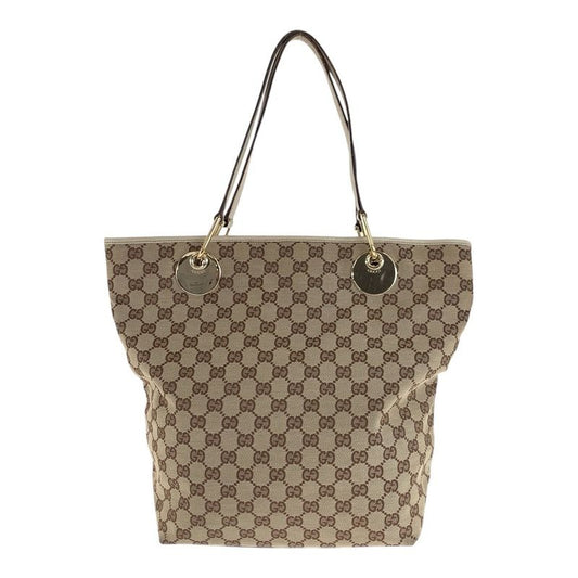 Gucci Beige Brown Gold Hardware GG Canvas Leather Tote Bag