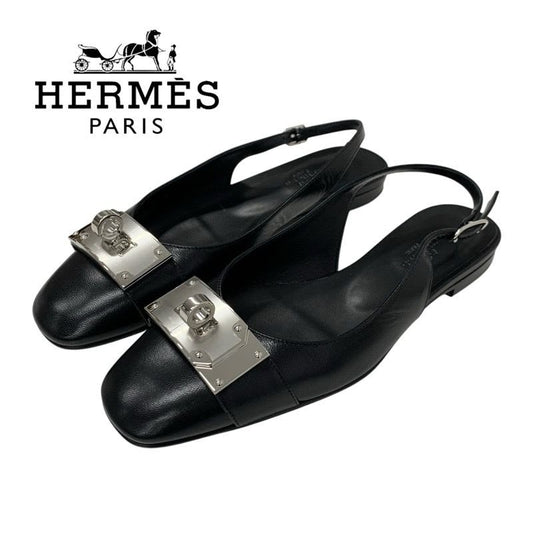 Hermes Innocent Flat Shoes Leather Black Silver Ballet Kelly