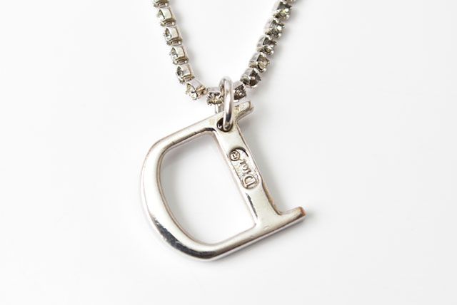 Christian Dior Necklace Vintage Double Chain Logo Rhinestone Silver