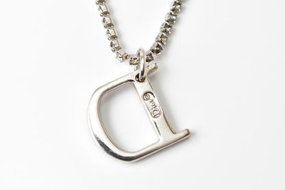 Christian Dior Necklace Vintage Double Chain Logo Rhinestone Silver