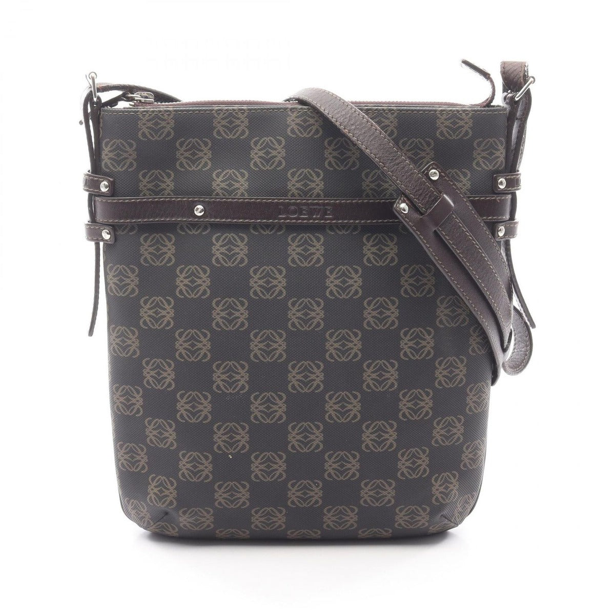 Loewe Shoulder Bag Repeat Anagram Gray Brown Canvas Leather