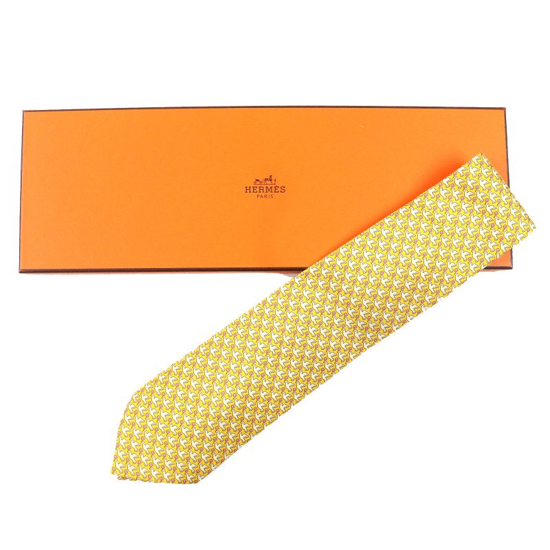 Hermes 100% Silk Regimental Pigeon Dove Cravat Tie Yellow Tone Made In France