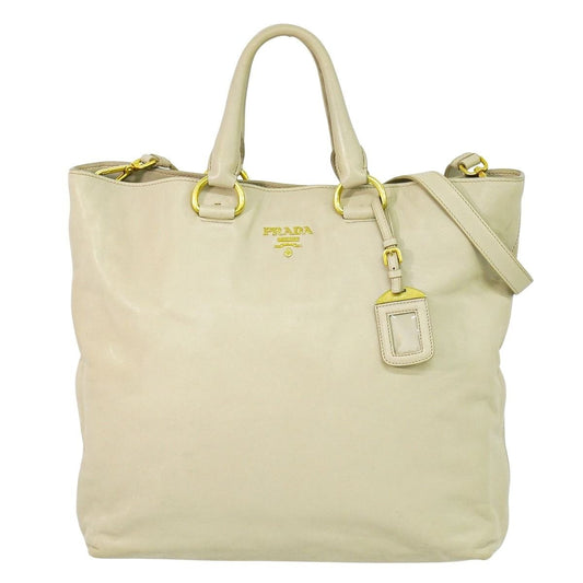 Prada Leather 2-Way Shoulder Bag Tote Beige Outside