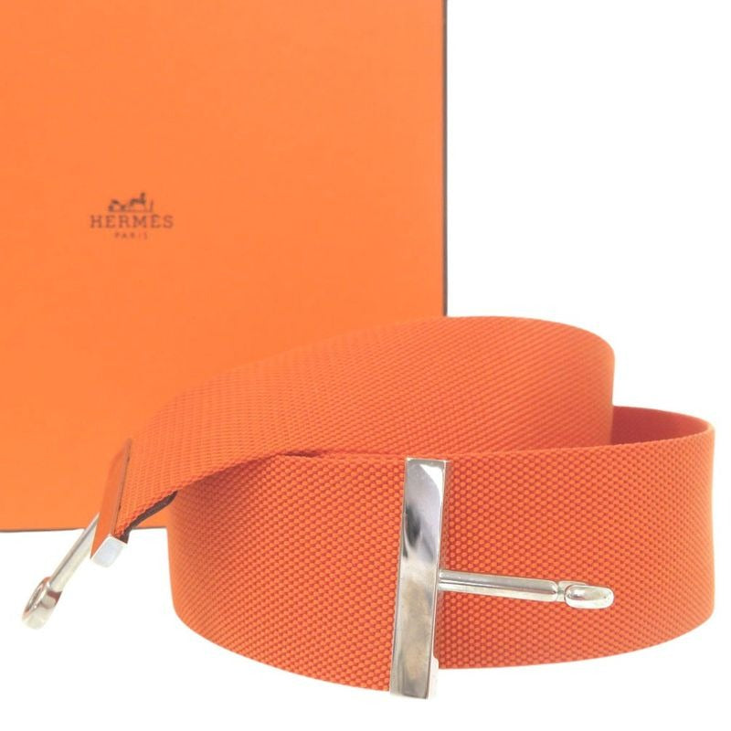 Hermes Hook Belt Waist Nylon Metal Orange Engraved I 0566