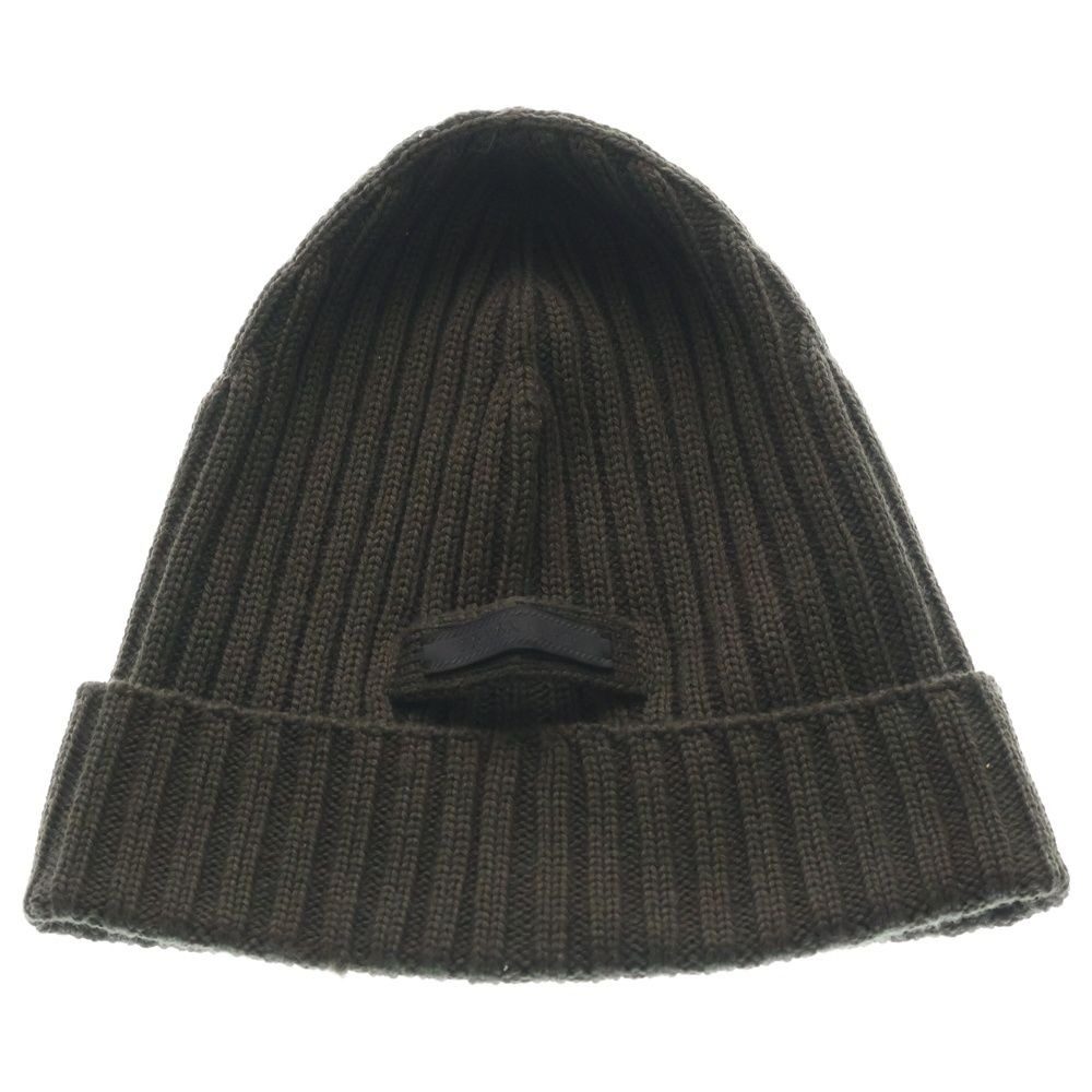 Prada Logo Label Wool Rib Knit Cap Beanie Hat Brown Sweater