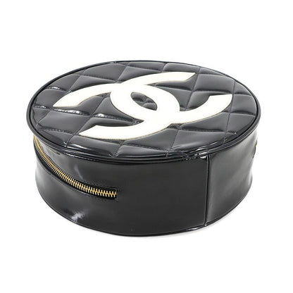 Chanel Matelasse Round Vanity Hand Bag Enamel Black White Vintage Gold Hardware
