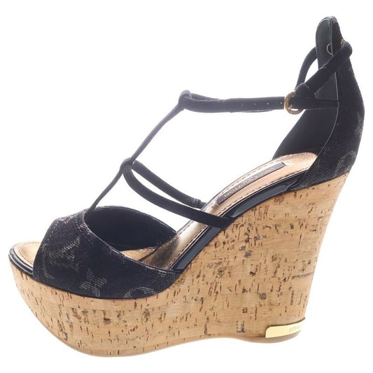 Louis Vuitton Monogram Denim Wedge Sole Heel Strap Sandals Shoes Black Brown