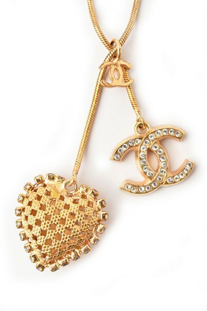 Chanel Necklace Pendant Chanel Long Coco Mark CC Heart Rhinestone Gold