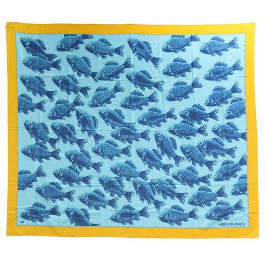 Hermes Large Shawl Scarf Pareo Fish Motif Pattern Cotton Blue