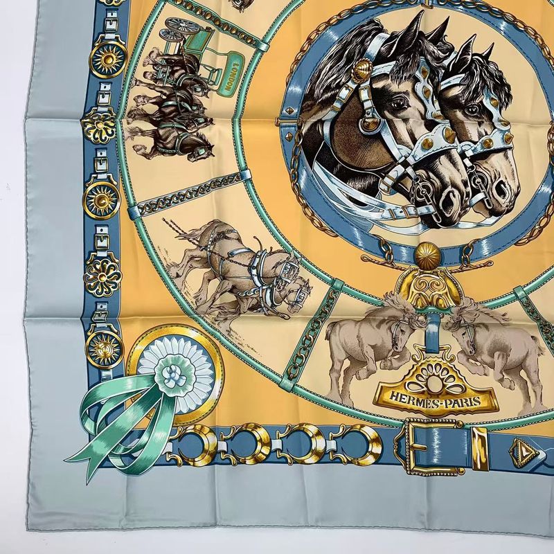 Hermes Carre 90 Chevaux DE Trait Cart Horse Silk Scarf Blue