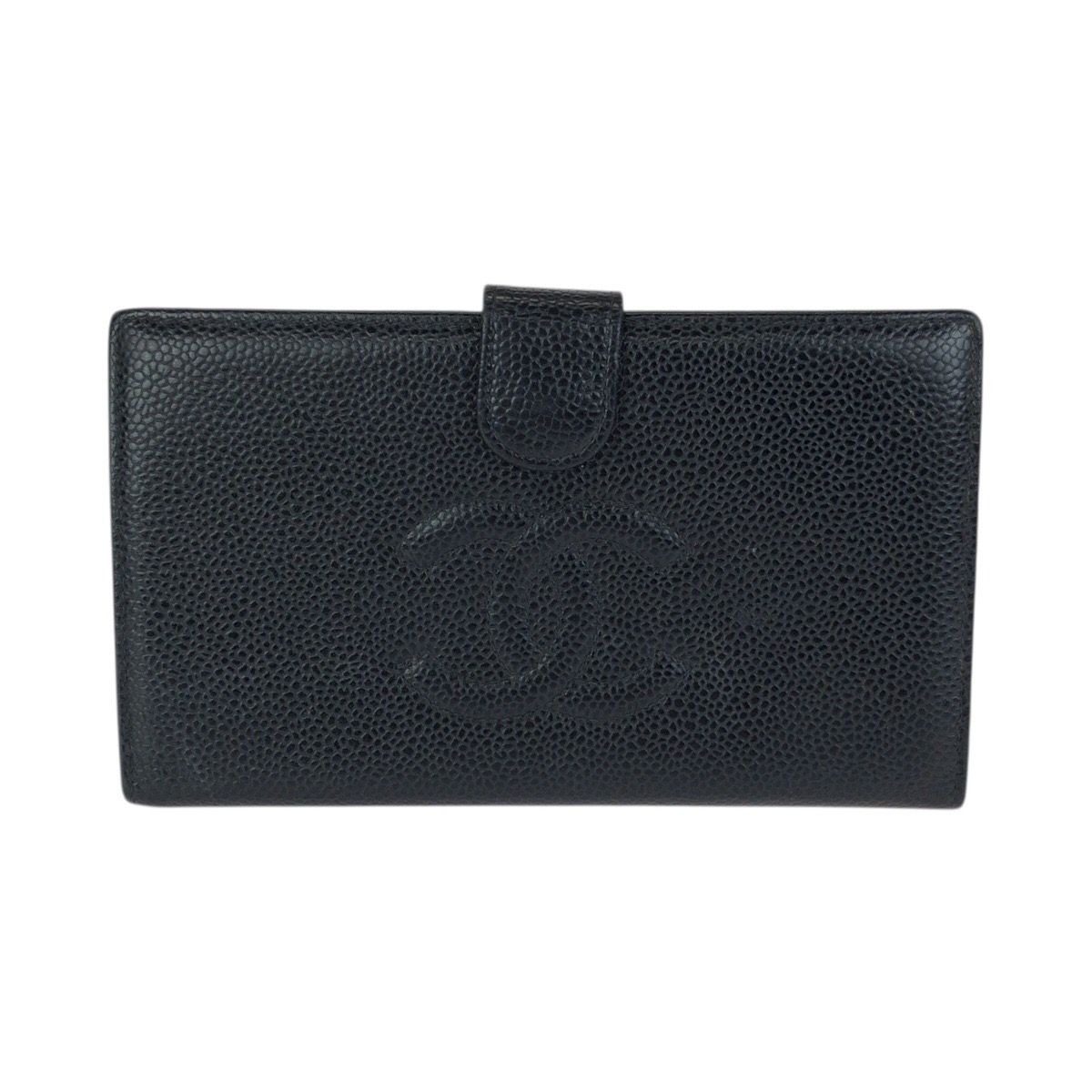 Chanel Vintage CC Logo Black Gold Caviar Leather Wallet