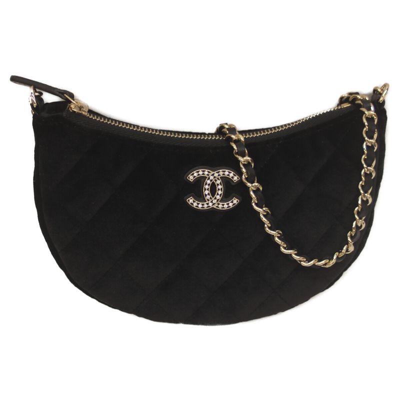 Chanel 24 Years Gift Black Velour Half Moon Chen Shoulder Bag Black Women