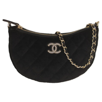 Chanel 24 Years Gift Black Velour Half Moon Chen Shoulder Bag Black Women