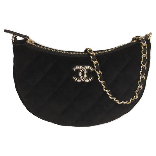Chanel 24 Years Gift Black Velour Half Moon Chen Shoulder Bag Black Women