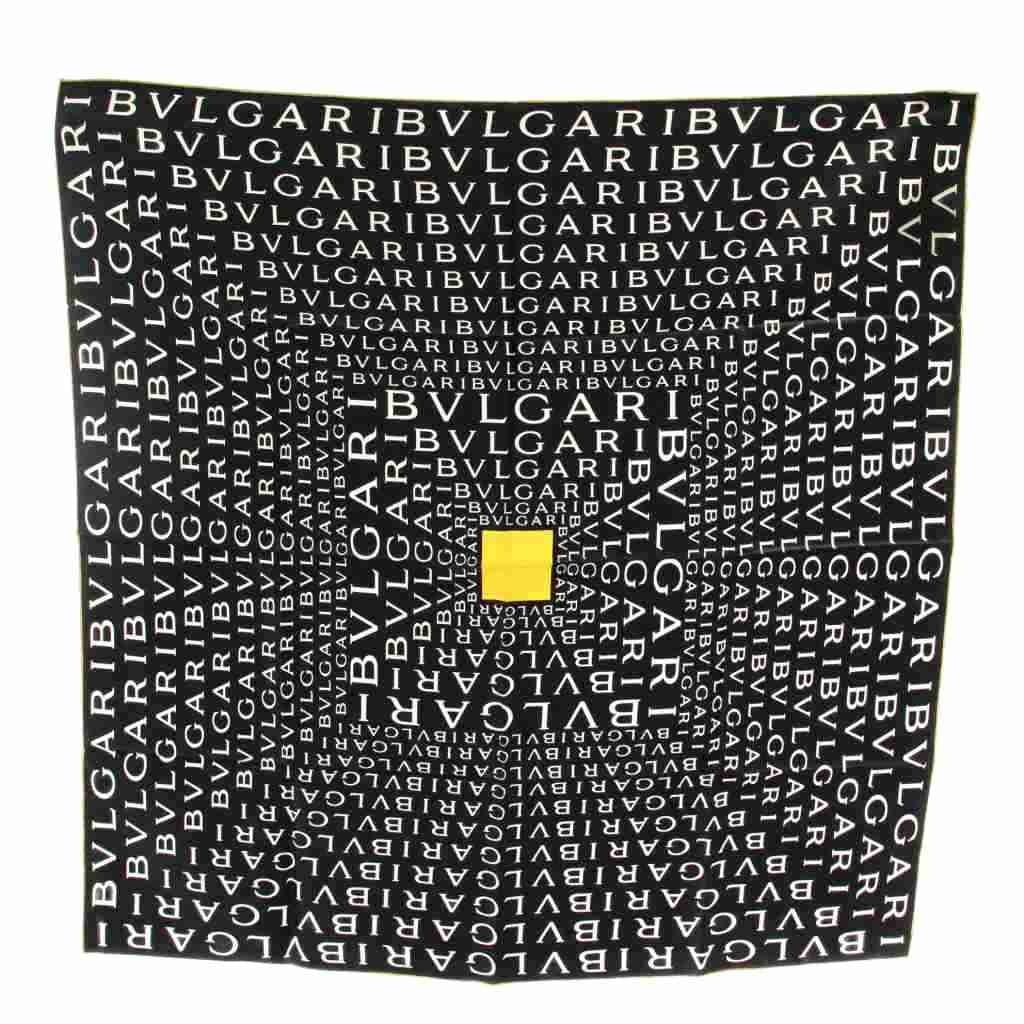 Bvlgari Scarf Large Silk Logo All Over Pattern Black White Yellow