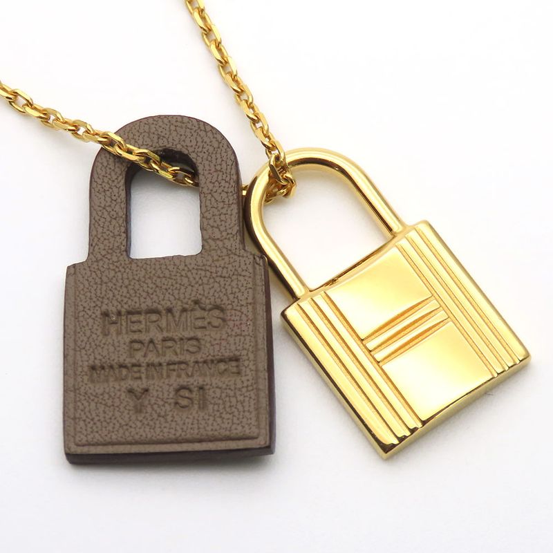 Hermes Necklace Eau Kelly Cadenas Metal Leather Gold Brown GP Engraved Y