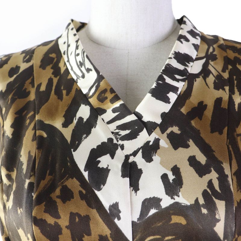 Louis Vuitton 100% Silk Leopard Print V-neck French Sleeves Pleats Dress Brown