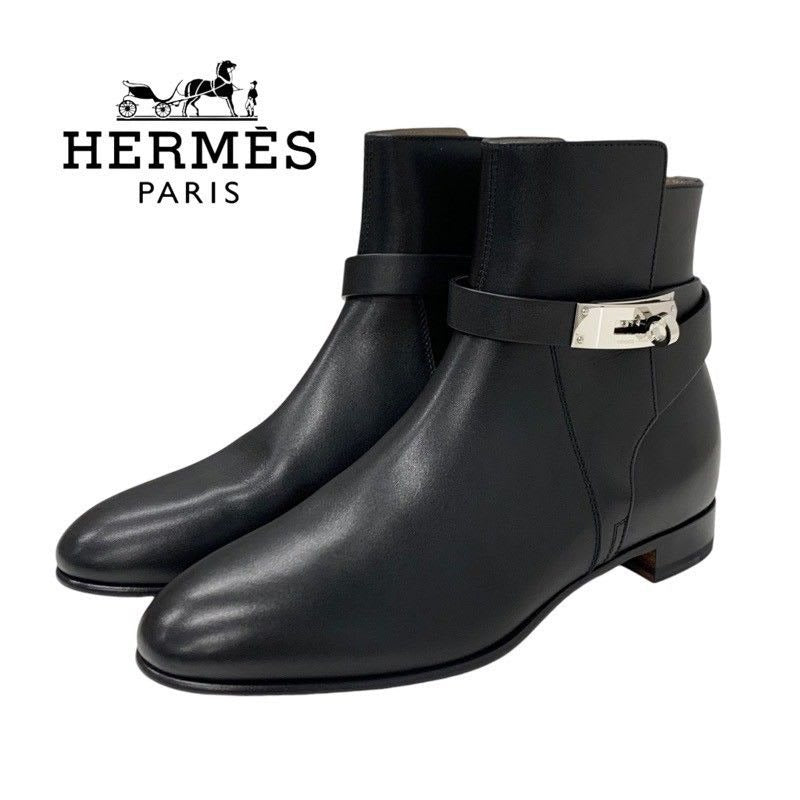 Hermes Neo Boots Short Shoes Leather Black Silver Kelly Hardware