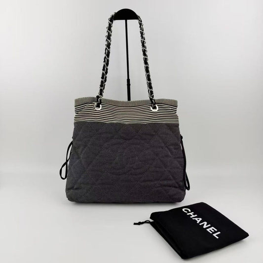 Chanel CC Logo Chain Shoulder Bag Black Ivory Denim Vintage