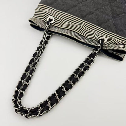 Chanel CC Logo Chain Shoulder Bag Black Ivory Denim Vintage — view 14