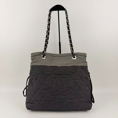Chanel CC Logo Chain Shoulder Bag Black Ivory Denim Vintage — view 2