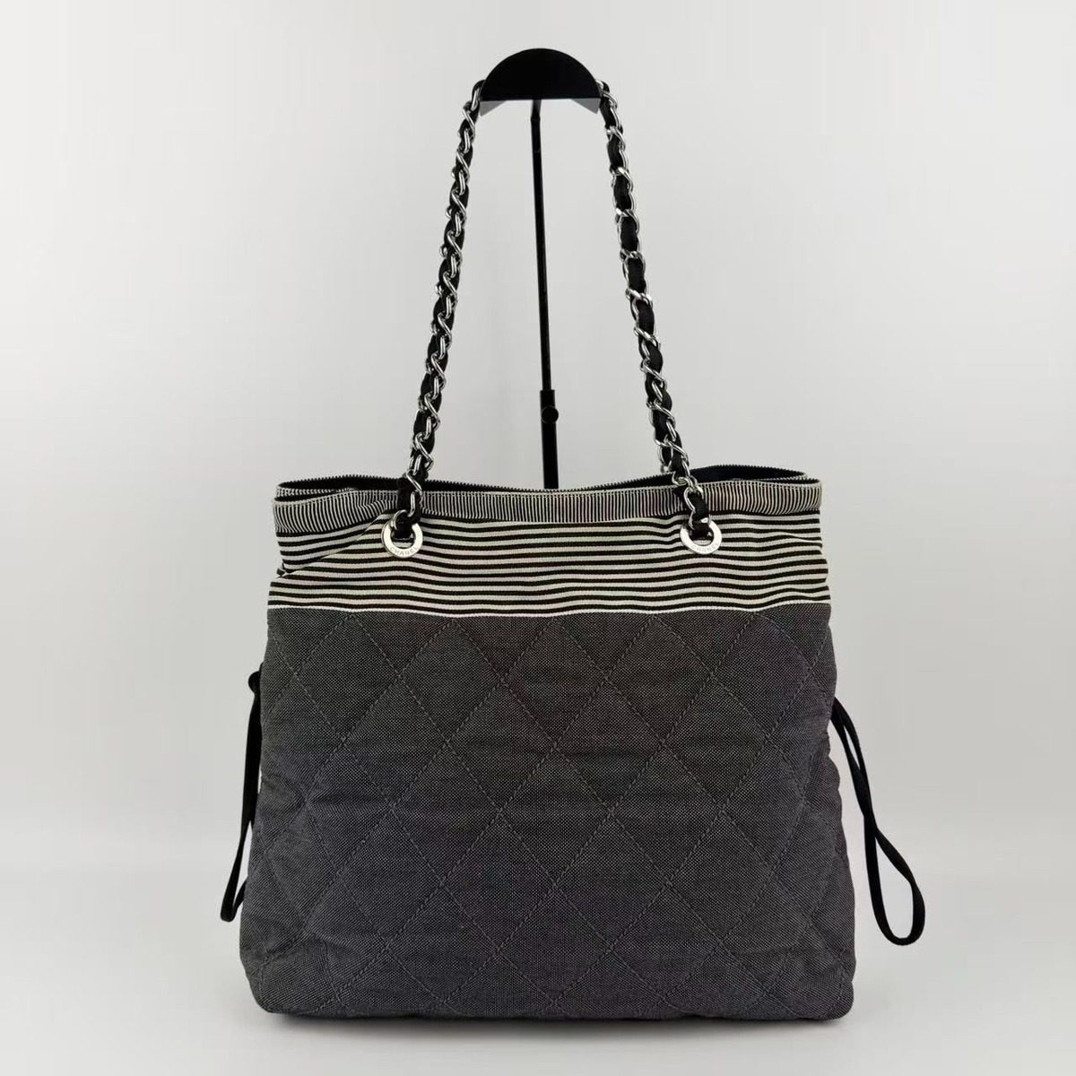 Chanel CC Logo Chain Shoulder Bag Black Ivory Denim Vintage — view 3