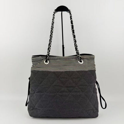 Chanel CC Logo Chain Shoulder Bag Black Ivory Denim Vintage — view 3