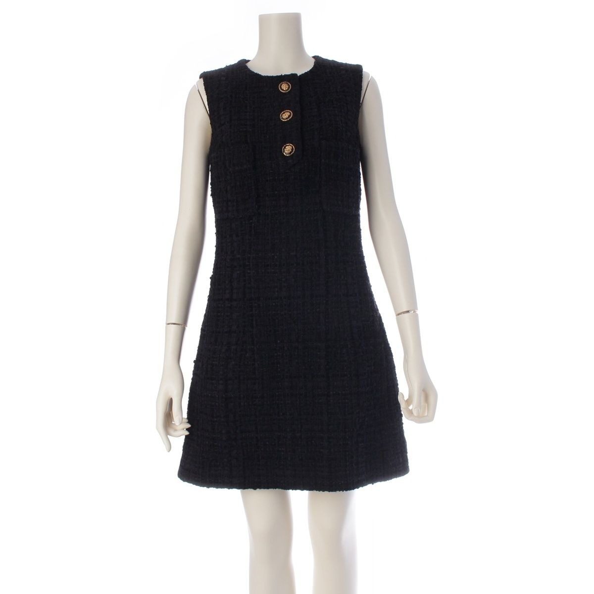 Chanel Cotton Silk Blend Lion Button Sleeveless Dress Black 36