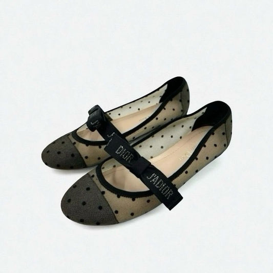 Christian Dior Ja Flat Shoes Mesh Fabric Black Logo Dot Ribbon Rhinestone