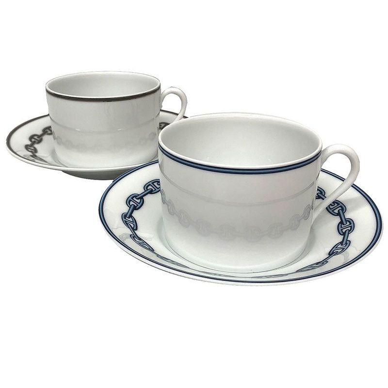 Hermes Chaine D'ancre Morning Cup & Saucer Platinum Blue Pair Set Of 2