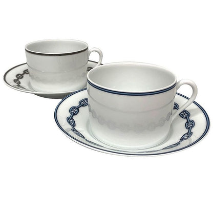 Hermes Chaine D'ancre Morning Cup & Saucer Platinum Blue Pair Set Of 2