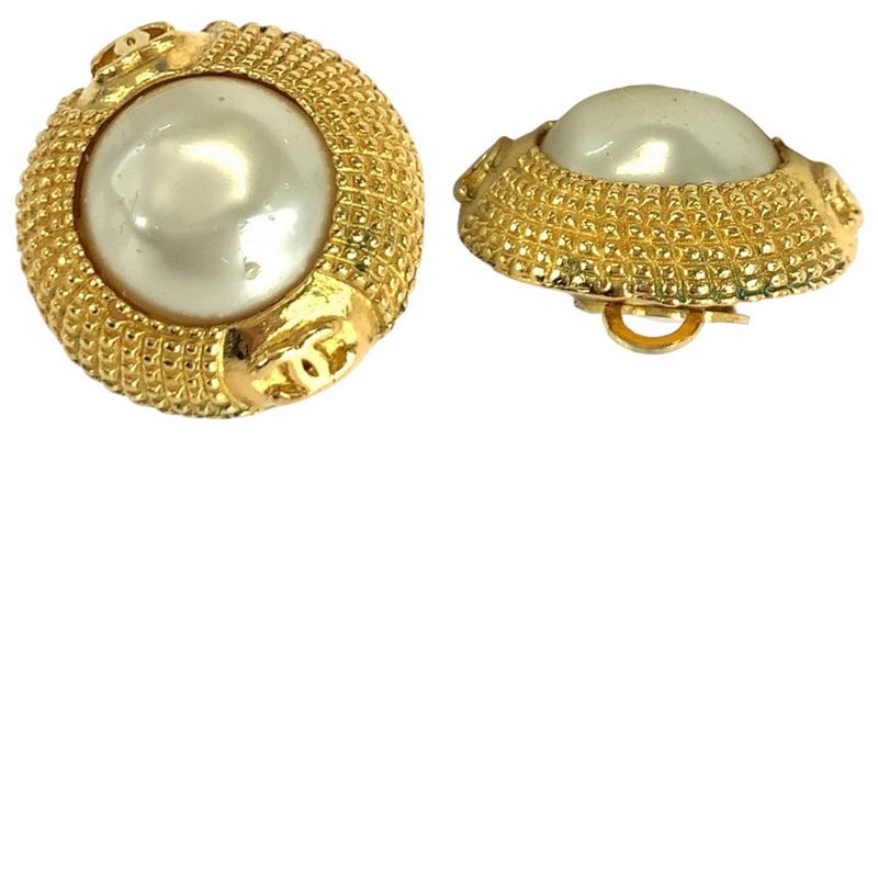 Chanel Vintage Faux Pearl Coco Mark Gold White Plated/faux Pearl Earrings