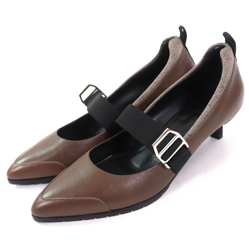 Hermes Pointed Toe Leather Pumps With Band Strap Brown Black 38 Storage With
