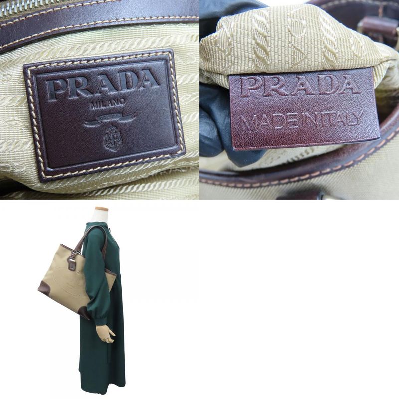 Prada Tote Canvas Leather Beige Brown Silver Hardware Logo Shoulder Casual