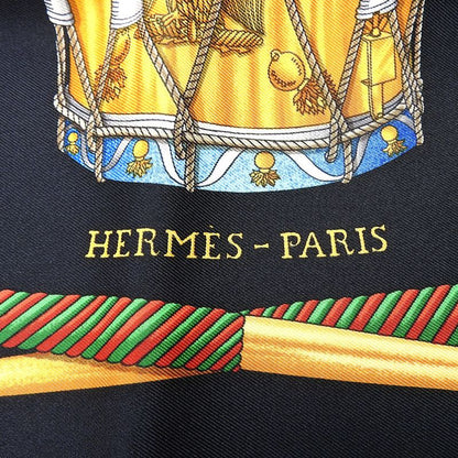 Hermes Scarf Carré 90 Silk Black Gold LES Tambours Tambour Drums Women Hermes