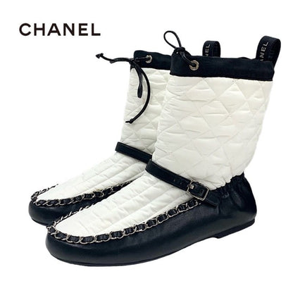 Chanel Boots Short Boots Shoes Nylon Leather White Black Matelasse Chain Belt