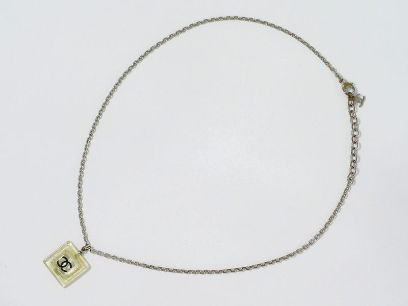Authentic Chanel Coco Mark Necklace Pendant Plastic Metal Silver Hardware Clear