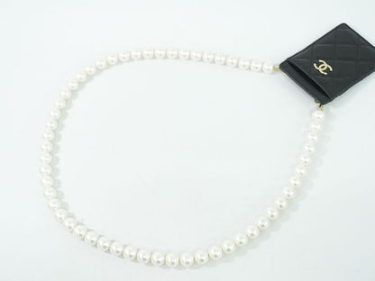 Authentic Chanel Coco Mark Matelasse Faux Pearl Chain Card Case Pass Case