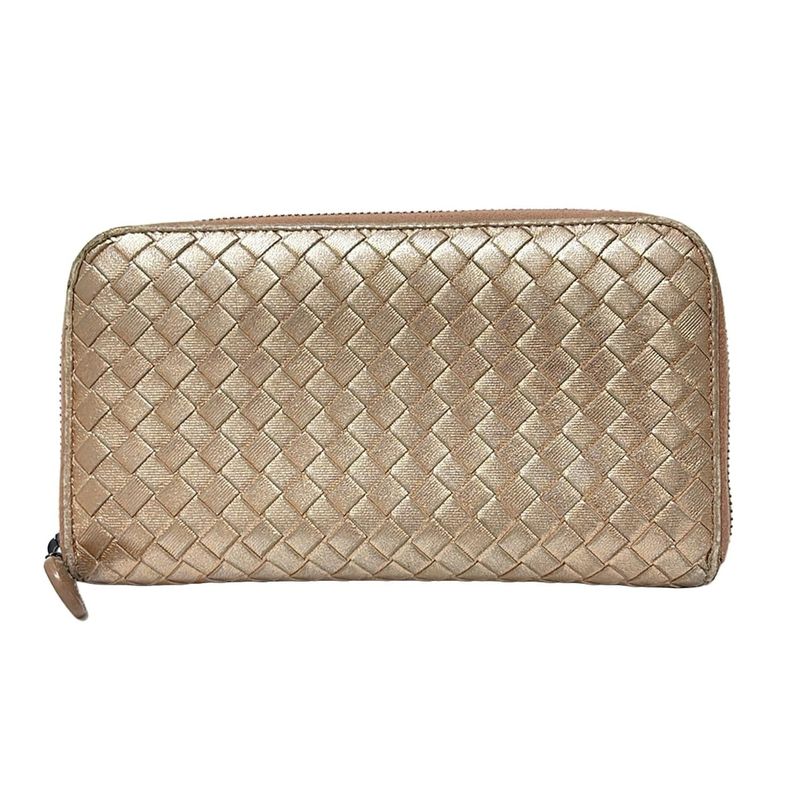 Bottega Veneta Long Zip Around Wallet Pink Gold Round Zipper Leather