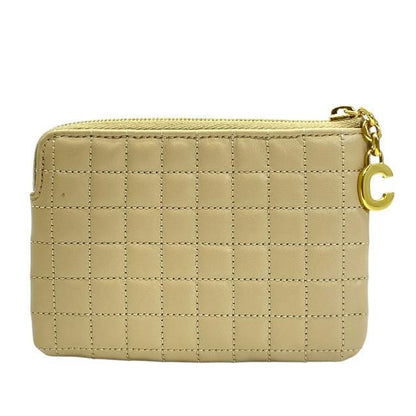 Celine Ccharm Coin Case Coin Purse Mini Pouch Quilted Leather Beige