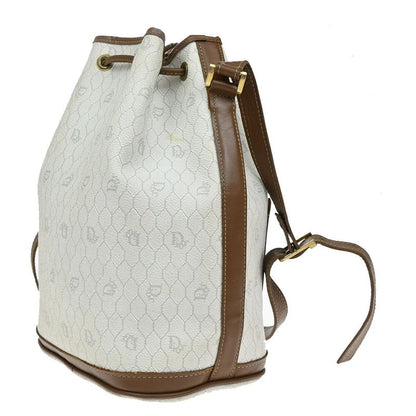 Christian DIOR Shoulder Bag Macadam Drawstring White Brown Leather Vintage