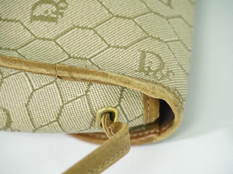 Authentic Christian DIOR Honeycomb Pattern Shoulder Bag Pochette PVC Beige Bag