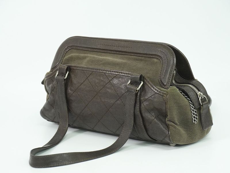 Authentic Chanel Caviar Skin Leather Canvas Shoulder Bag Tote Bag Brown Bag